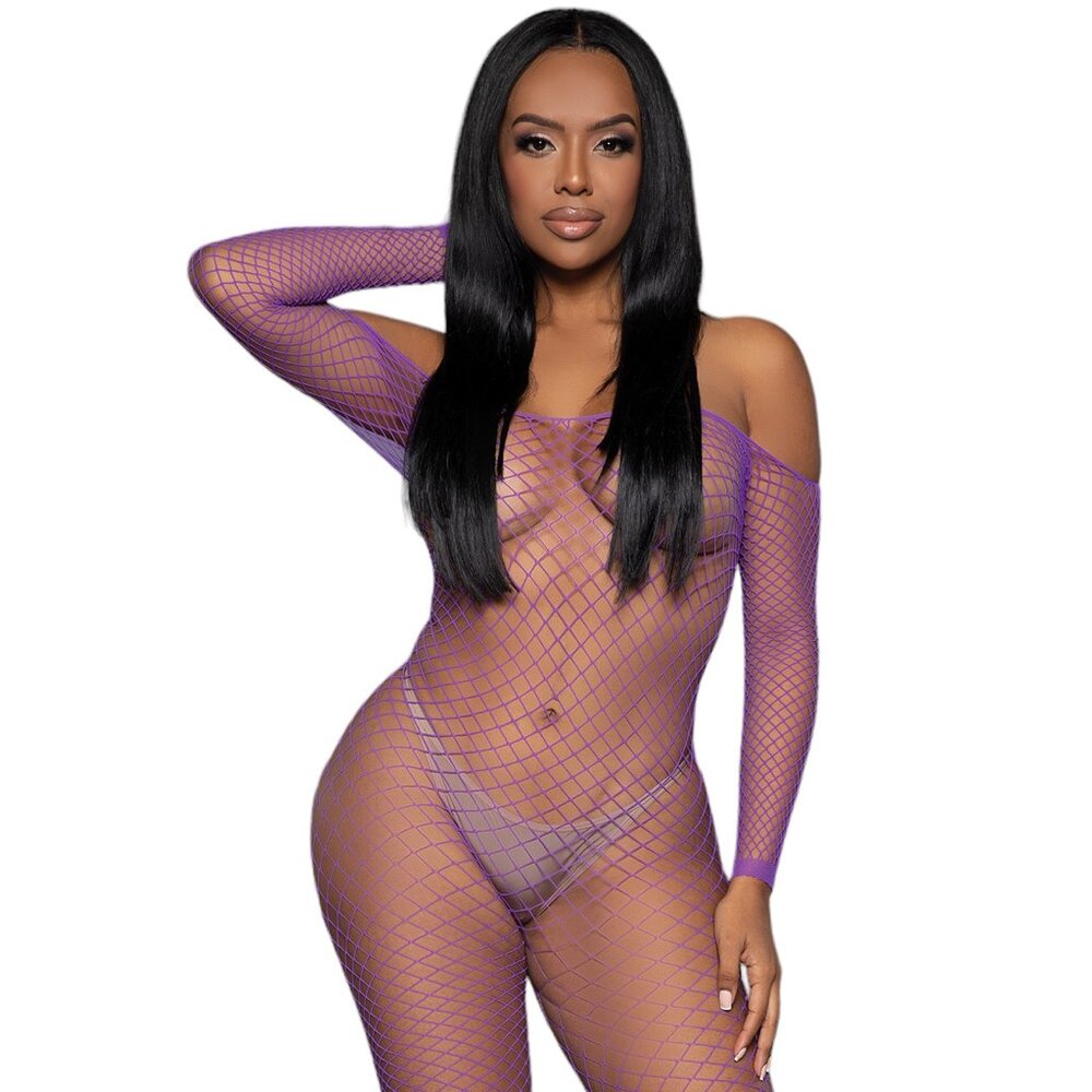 Off the Shoulder Long Sleeve Fishnet Bodystocking - Purple